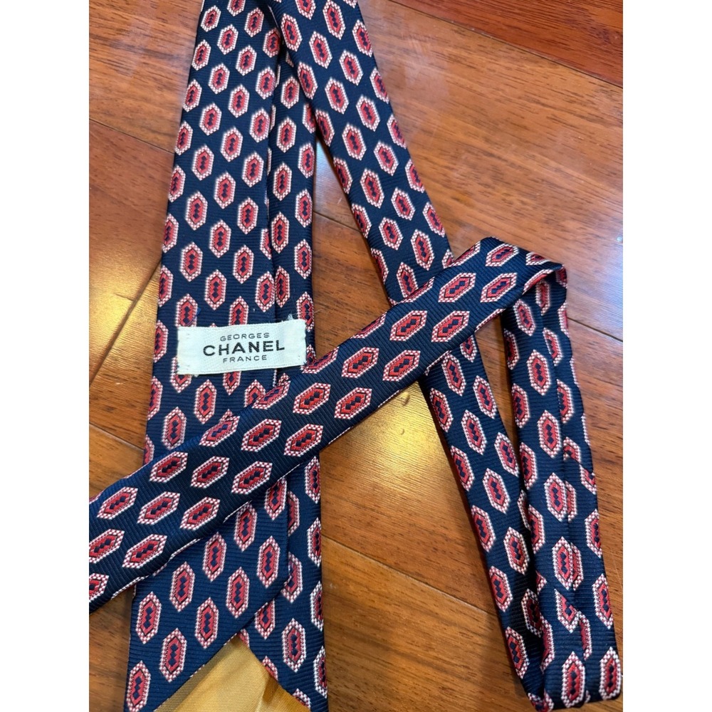 Vintage 60s Georges Chanel Tie Geometric Repeat Pattern | Blue Red | 55"L 3"W